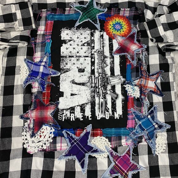 Upcycled Flannel Shirt Shacket Womens 3X NRA Patriot Grunge Patchwork Folk Art - Picture 14 of 16